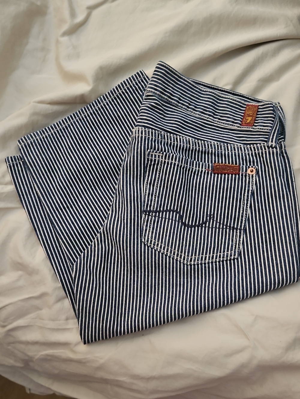7 For All Mankind Navy and White Striped Women's Narrow Bermuda Shorts